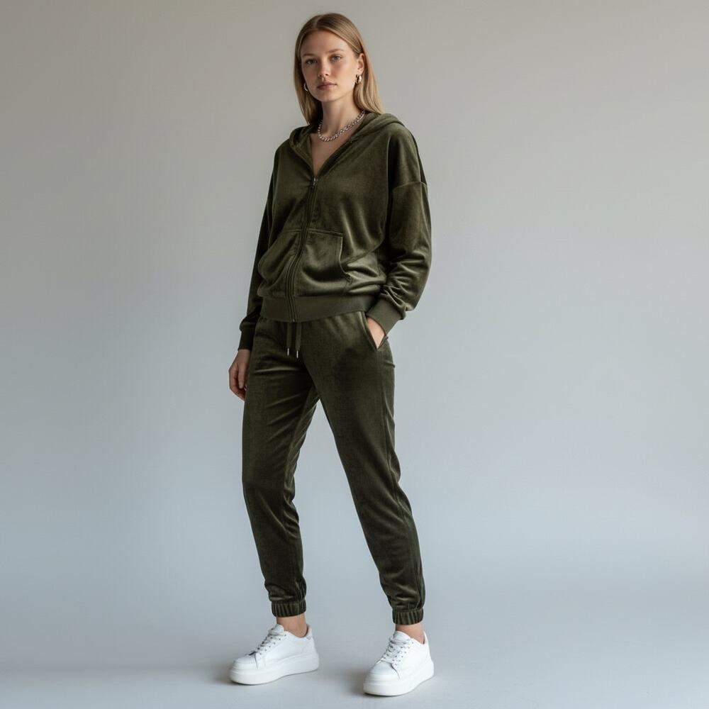 Felina Luxe Velour Zip Hoodie and Jogger Set NWT Womens Sz M Deep Olive Casual